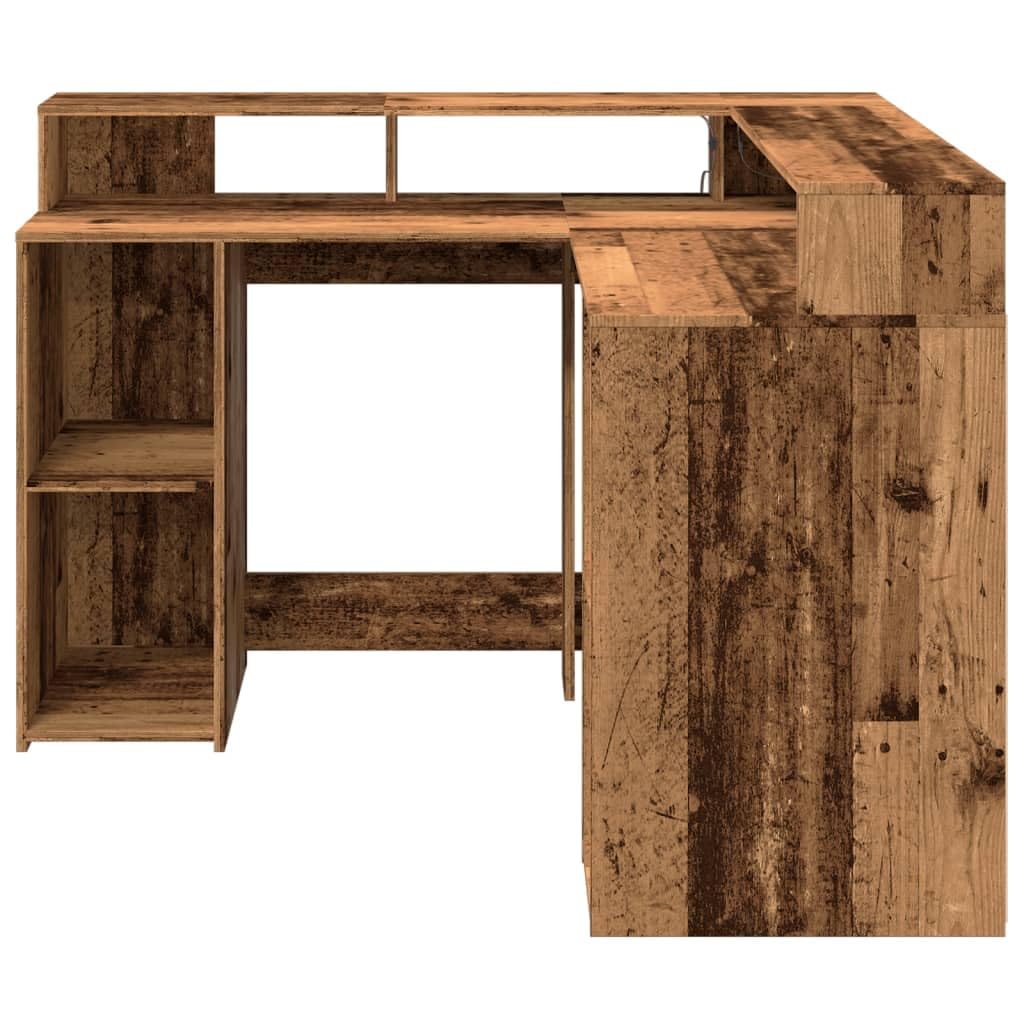 Scrivania con Libreria, Scrivania Salvaspazio, Scrivania Angolare, Scrivania con Cassetti, Scrivania con Luci LED in Truciolato Legno Antico 130x130x91 cm