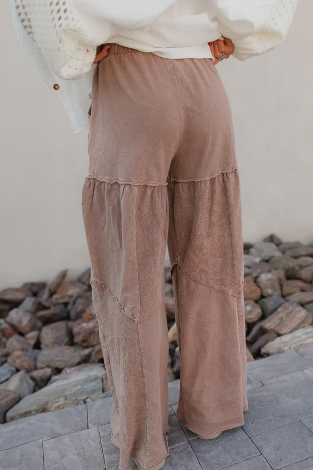 SELINK Casual Pants for Women Mineral Wash Lace-up Elastic High Waist Raw Hem Patched Pocket Solid Daily Trousers - Image 3