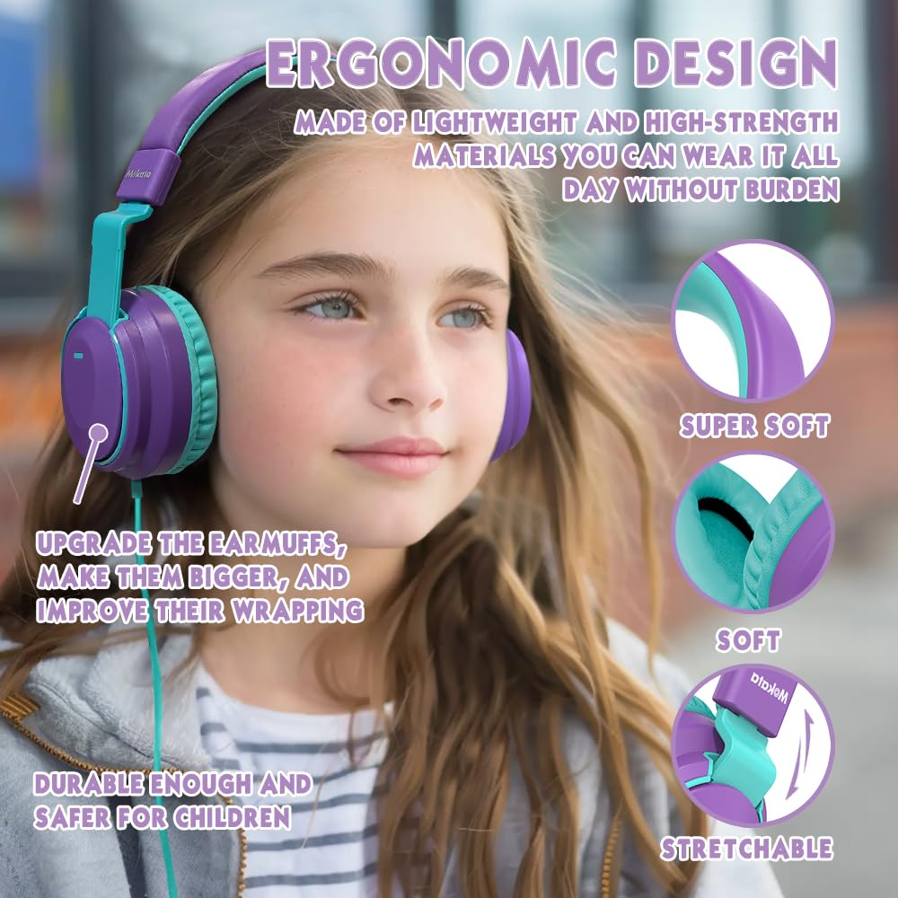 Mokata Auriculares para niños, volumen limitado, 85/96 dB, con cable, plegables, con cable en línea, cable auxiliar de 3,5 mm, micrófono para niño, niña, escuela, PC, portátil, tablet, color morado