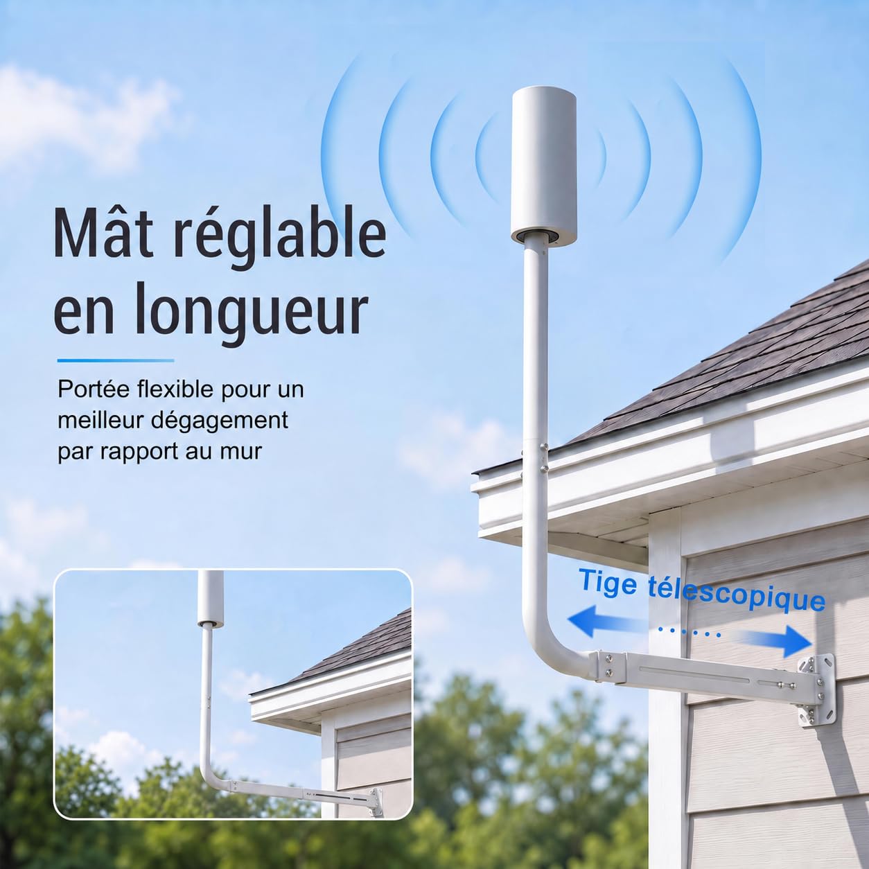 Mât d'antenne pour antennes TV, Satellite, Radio et Wi-FI | Longueur réglable (max. 83 cm), support mural robuste, support d'antenne, support d'antenne
