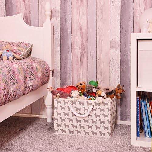 Foldable White Canvas Storage Basket - Rectangle Fabric Basket with Grey Dog Pattern  Perfect for Household Storage, Fabrics or Toys. Size: Width 42cms x Depth 32cms x Height 28cms