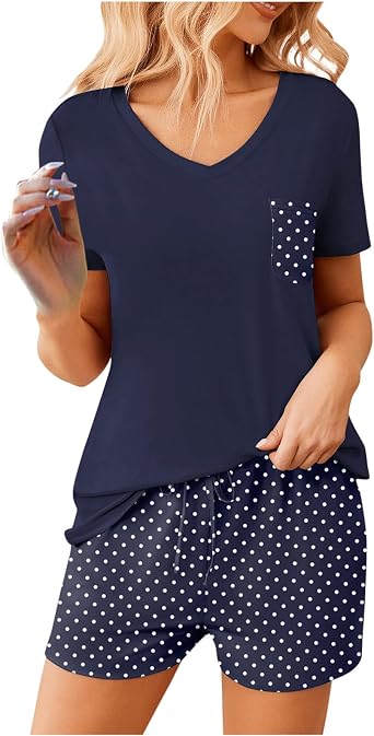 fartey Womens Summer Pajamas Sets 2 Piece Lightweight Pjs Lounge Set Soft Short Sleeve Top and Shorts Sleepwear with Pockets