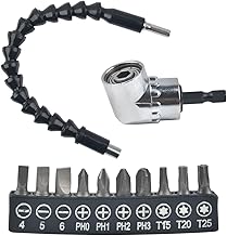 12 Pack 105° Right Angle Drill Attachment with 30cm Flexible Angle Extension Bit and 10 Screwsriver bits, 1/4-inch Hex Shank Right Angled Screwdriver Drill Bit Holder Extension Right Angle Drill