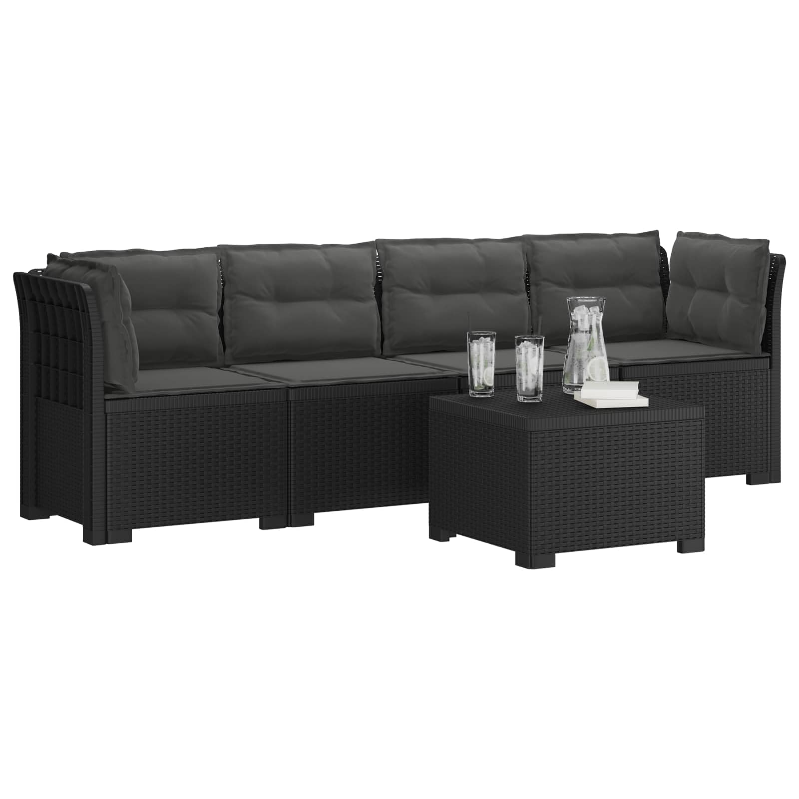 Set da giardino, 4 posti, effetto rattan, colore: antracite | Set lounge modulare per esterni in robusta plastica PP con cuscini e tavolo per terrazzo, balcone o veranda.