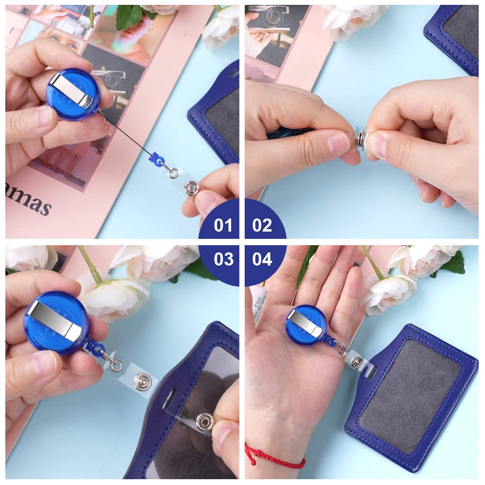 Vicloon Porta Badge, 2pcs Porta Badge Identificativo, PU Colorato Orizzontale Retrattile in Pelle con Clip per Ufficio, Carta Identità, Pass Bus (Azzurro & Blu Scuro)