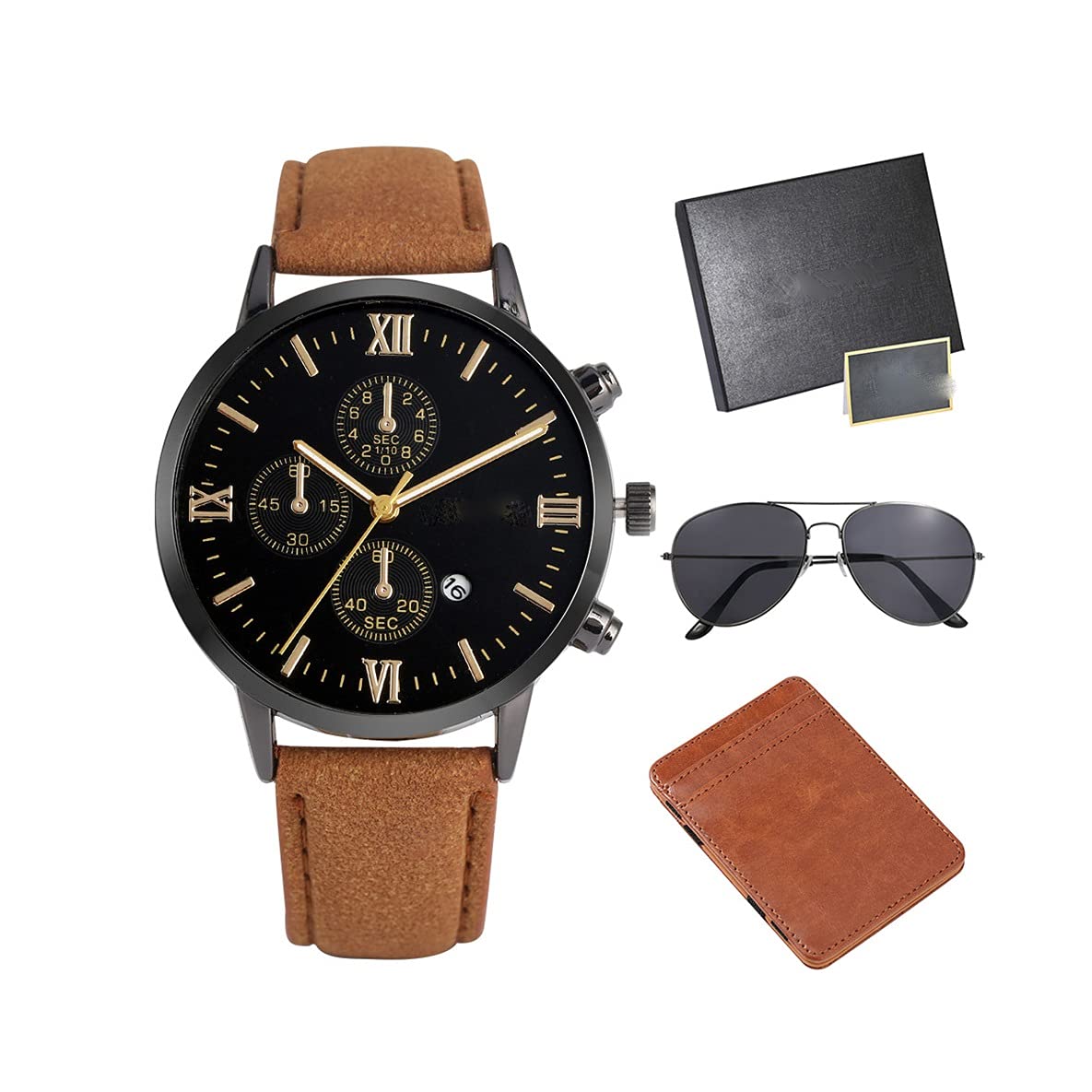 HMTE Set di Orologi da Uomo con Confezione di Carte, Occhiali da Sole alla Moda, Regalo di Compleanno, Set di Orologi da Polso da Uomo (Color : A) (A)