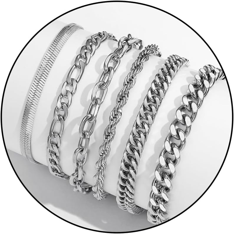Zocomi 6 Pcs Chain Bracelet for Men Women – Stainless Steel Cuban Curb Link Rope Paperclip Figaro Herringbone Chain Bracelets Set Jewelry Gifts for Man Woman Boys 7.5/8.3/9 Inches