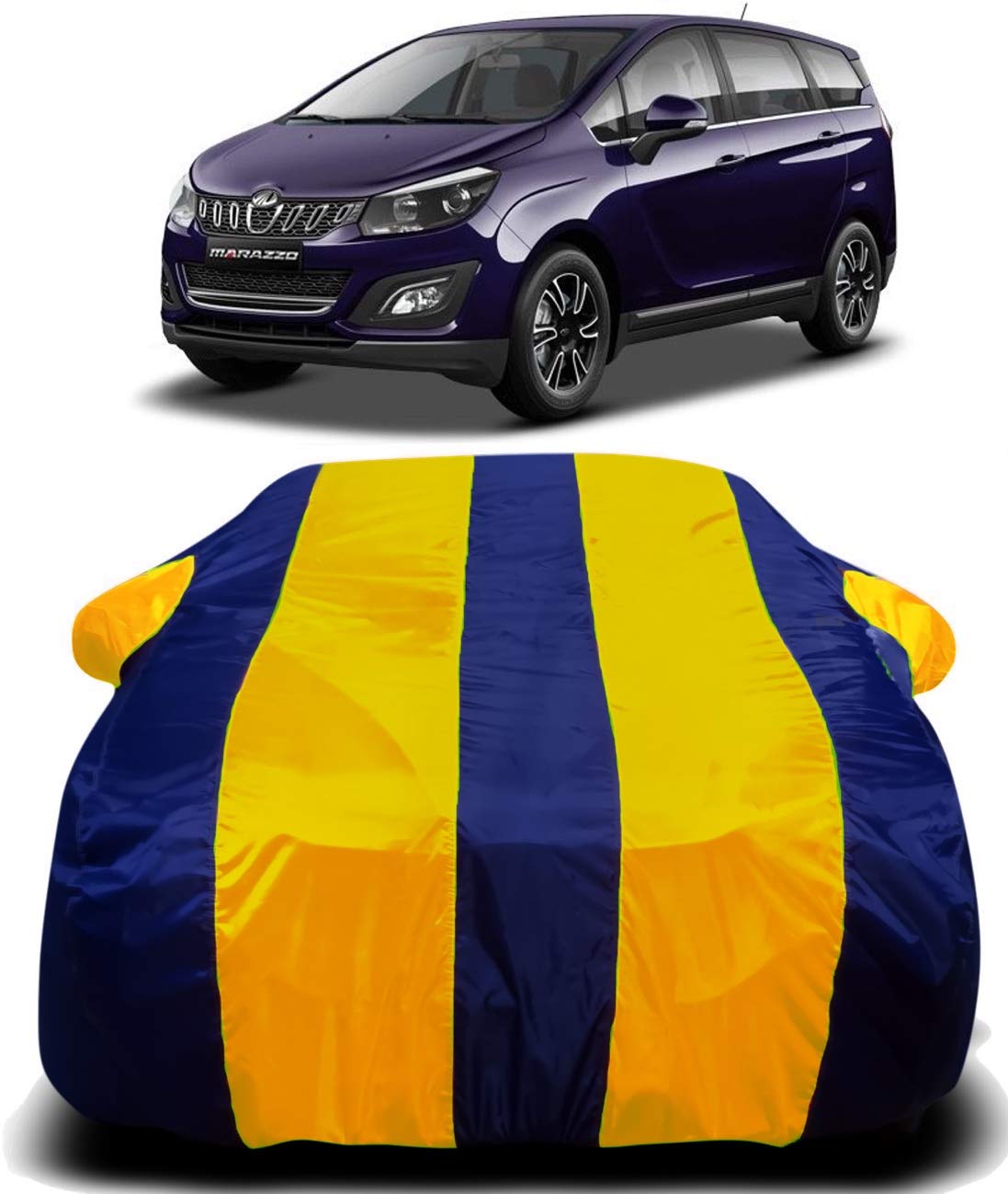 NEBITS 190T Imported Fabric Car Cover for Mahindra Marazzo with Ultra Surface Body Protection (Yellow Stripes)
