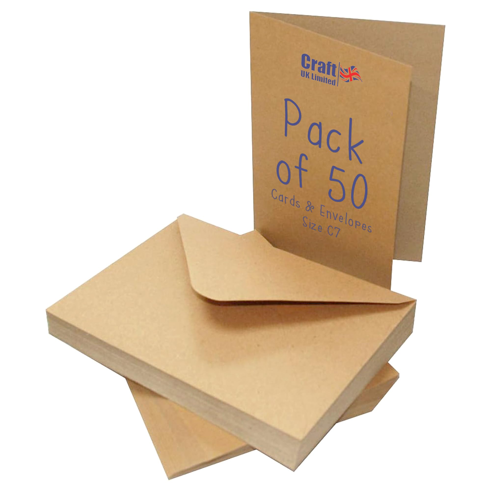 Craft UK, 50 Blank Cards and Envelopes for Card Making, 280gsm, Made in the UK, Lasting Quality, Kraft Brown, C7