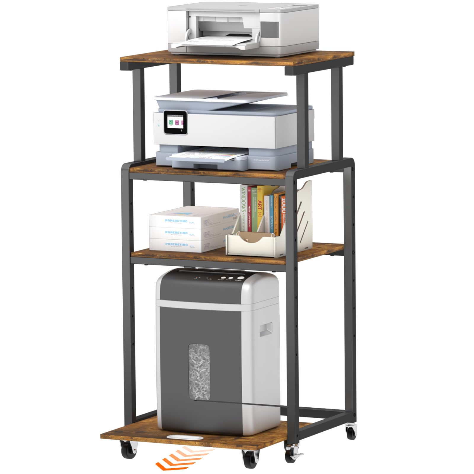 Lifewit Carrello per Stampante 4 Livelli con Ruote e Ripiano Regolabile, Supporto per Stampante per Ufficio Domestico, Carrello per Distruggi Documenti, Scanner, Marrone Rustico, 53x40x112cm
