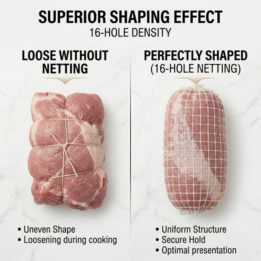 Rollo de Malla para Carne Elástica 2m 16 Huecos Red de Algodón para Asado Jamón Embutido Secado Ahumado Resistente al Calor