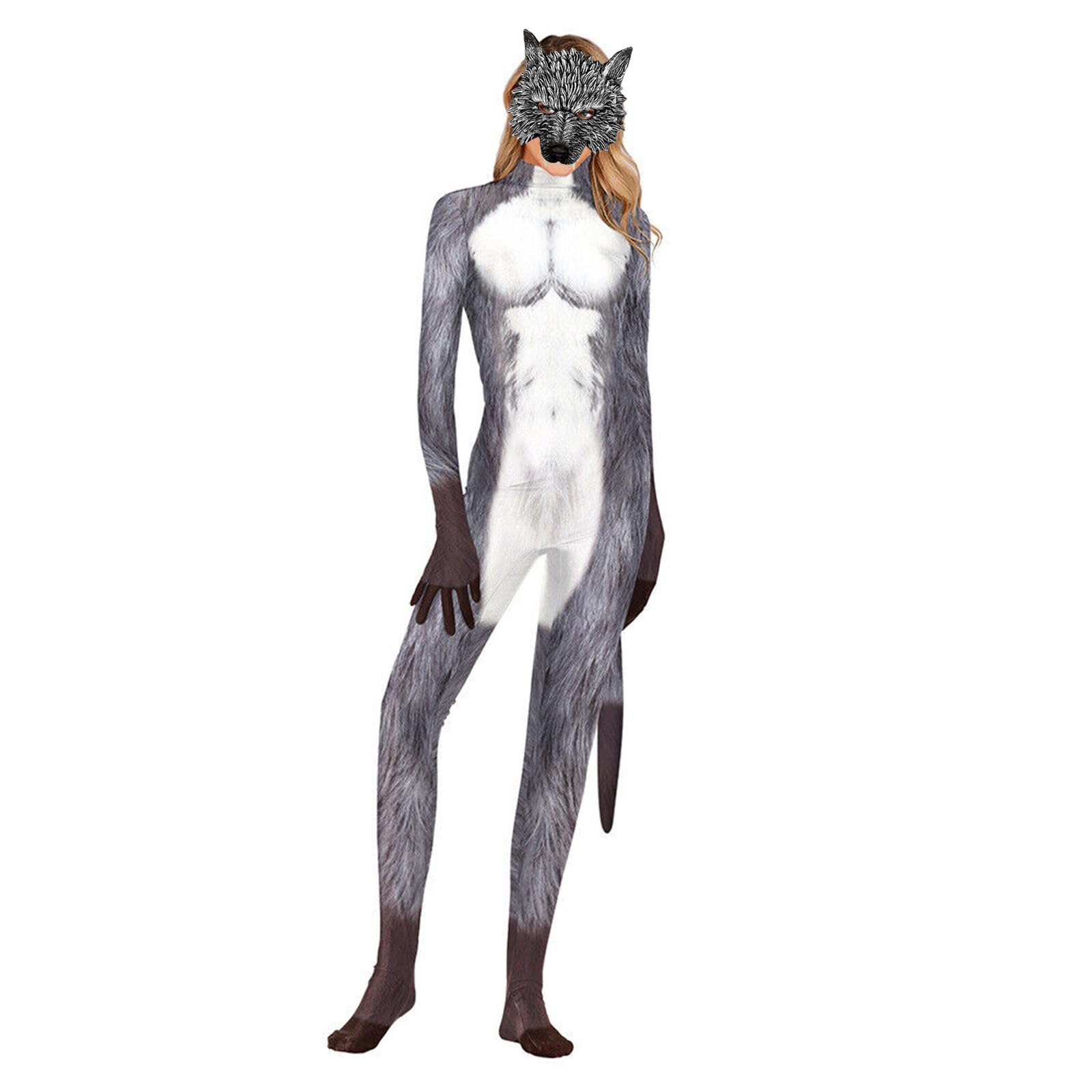 Women's Halloween Fullbody Wolf Costume with Mask,Tail, Big Bad Wolf Muscle Bodysuit Animal Catsuit Outfit (3X-Large)
