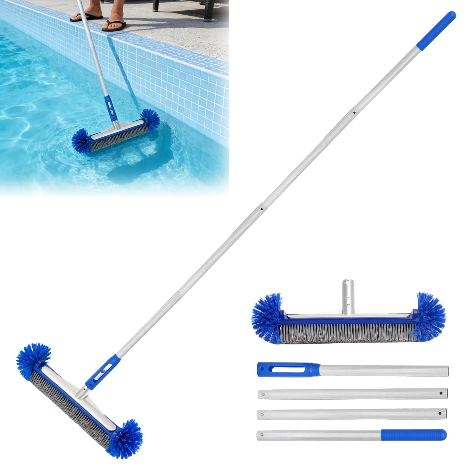 Runde Poolbürste, Poolbürste mit Teleskopstange Pool Reinigungs Bürste mit Halbkugelförmigen Borsten, Längenverstellbarer Aluminiumstange, Pool Schrubber für Poolwänden, Stufen