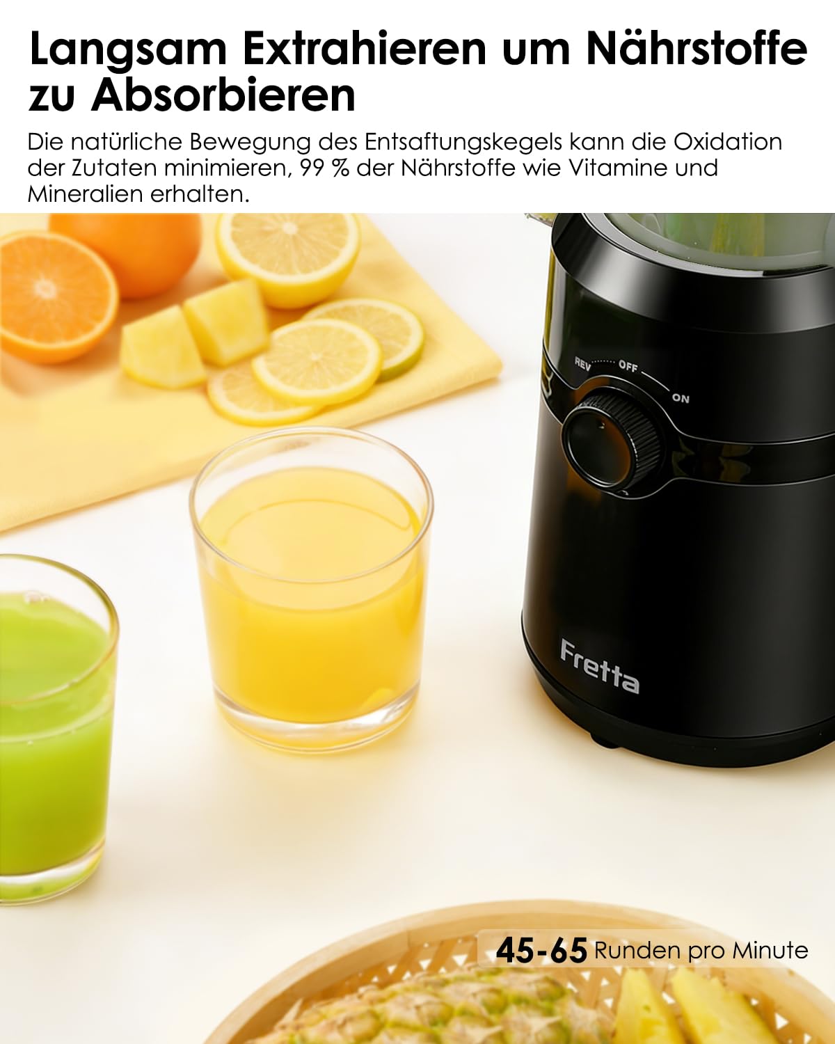 Fretta Entsafter,Slow Juicer mit 108MM Breite und Größere Fütterungsröhre,Füllvolumen für ganze Gemüse und Obst,BPA-frei Tritan-Material Entsafter,Einfacher Installation,200W