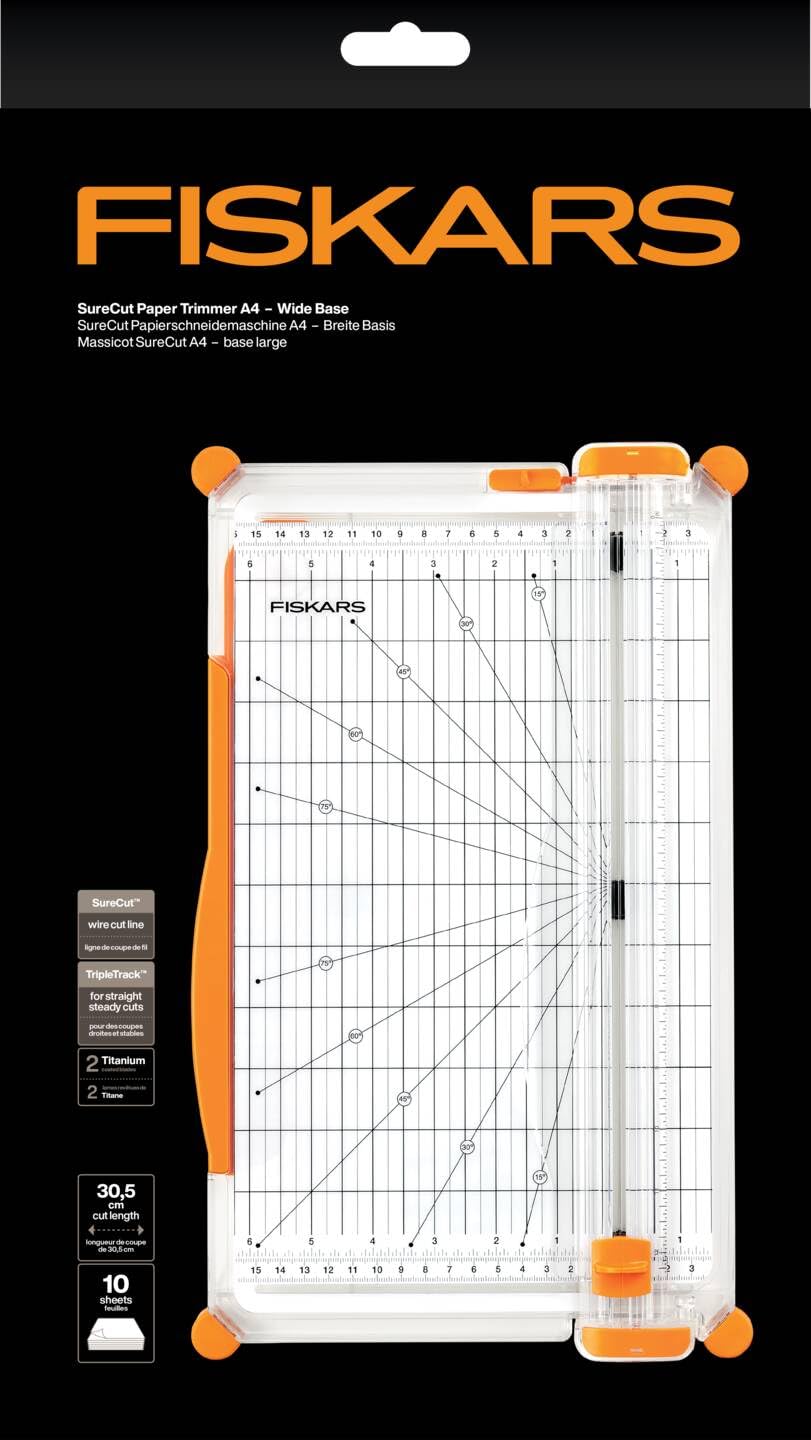 Fiskars SureCut Papierschneidemaschine, A4, Breite Grundfläche, Großer Papierschneider mit Schnittlinienführung, Weiß/Orange, 1077980