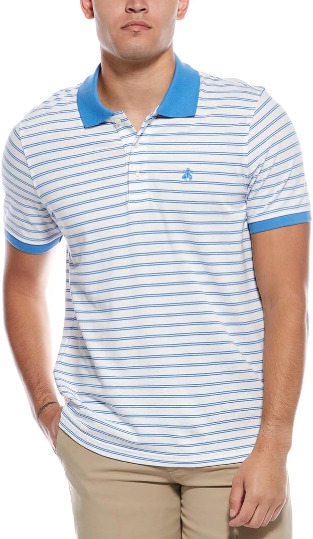Brooks Brothers Mens Slim Fit Mesh Pique Contrast Collar Striped Polo Shirt,