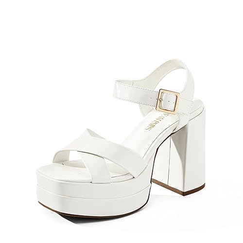 DREAM PAIRS Heels for Women Block Chunky Platform High Heels - 6 - White