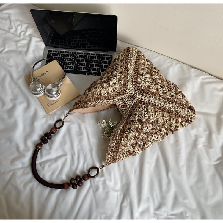 Bolso Tote Tejido para Mujer, Bohemio, Grande, Marrón y Beige miniatura 5
