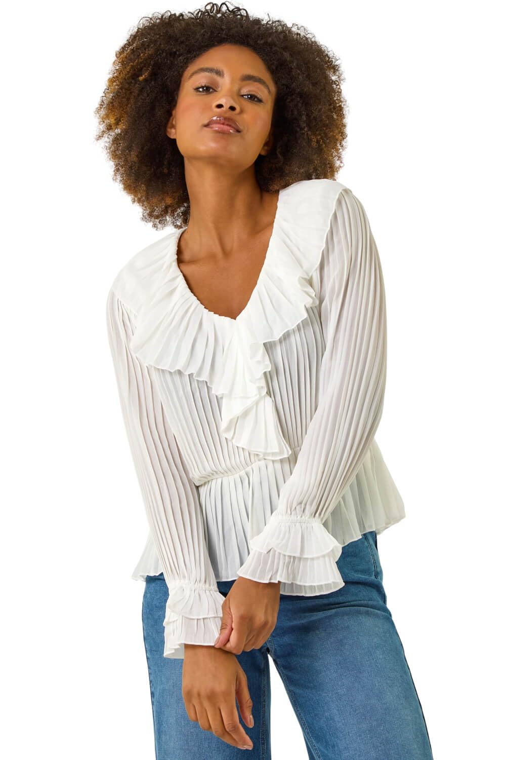 Roman Originals Women's Ivory Frill Pleated Peplum Blouse For Uk - Everyday Holiday Spring Summer V-Neckline Comfy Soft Evening Vacation Work Party - Size 18