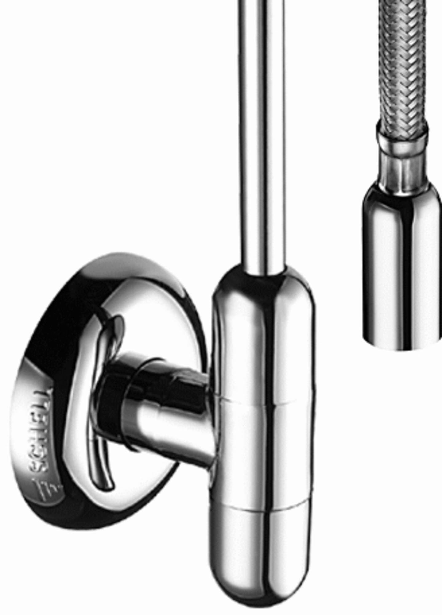 SCHELL 051520699 Design-Eckventil RONDO , Ventil 1/2" verchromt, mit selbstdichtendem Anschlussgewinde, Langer Schubschaft, Rosette ,65mm aus Spezial-Kunststoff mit Gleitring, Fettkammerspindel