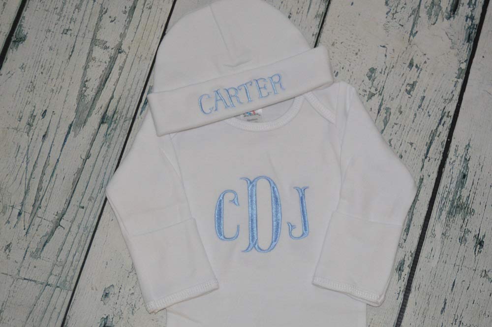 Newborn Baby Boy Gown and Hat Set, Monogram Fishtail gown and hat, Newborn coming home set