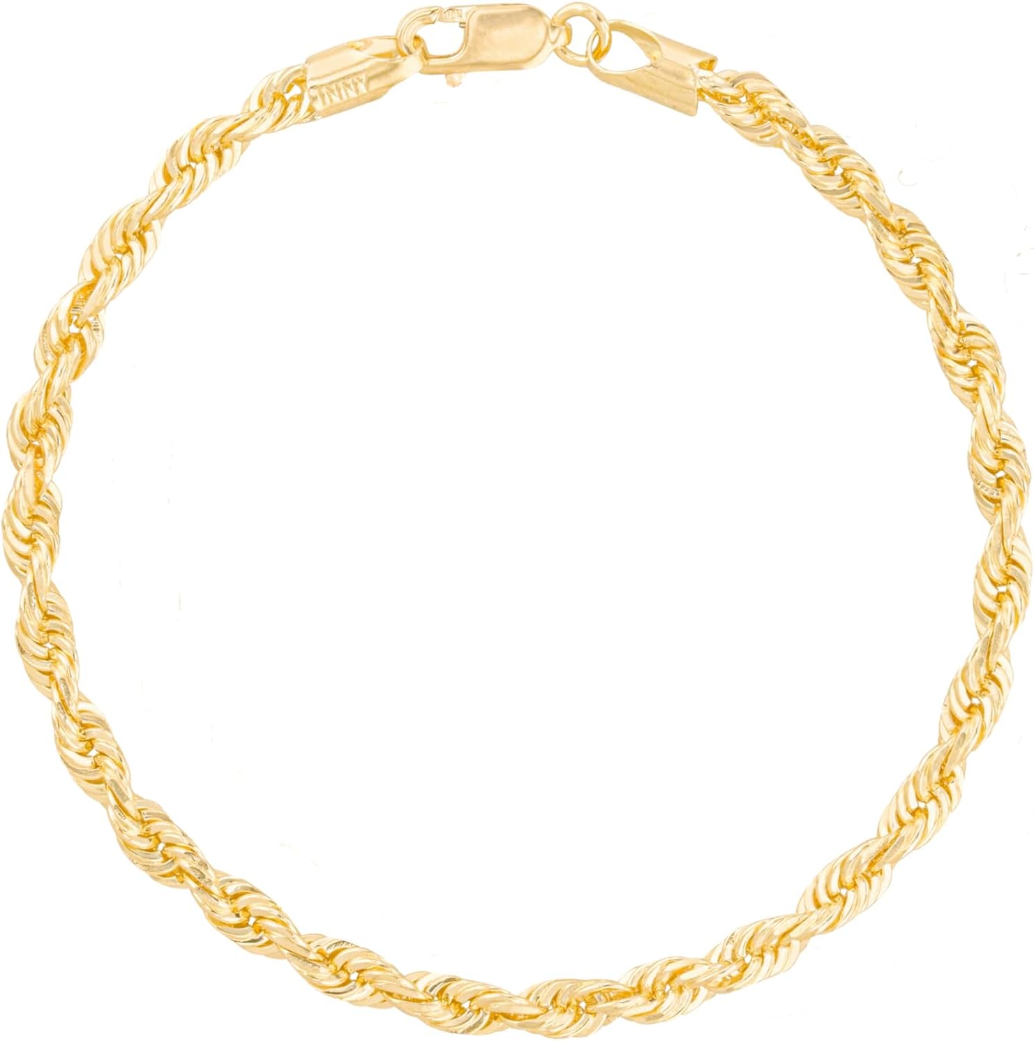 Floreo 10k Yellow Gold 3mm Solid Rope Chain Diamond Cut Bracelet or Anklet