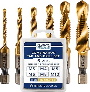 Rennie Tools - 6 Piece Combination Tap And Drill Set Titanium Coated M3 M4 M5 M6 M8 M10 Hex Shank Metric Coarse