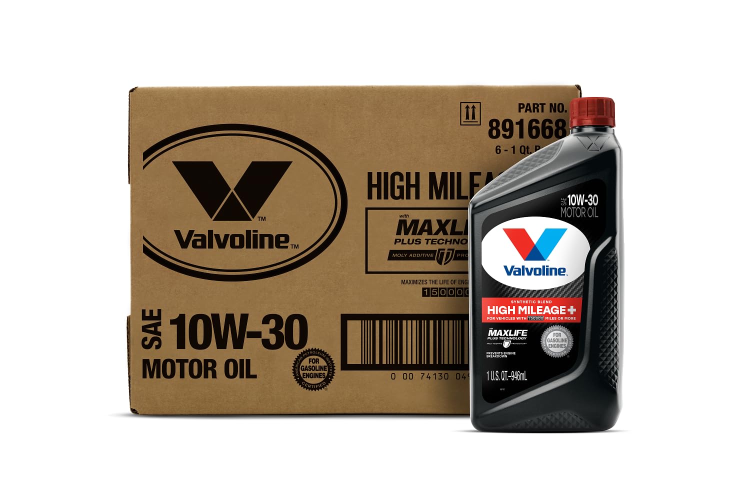 Valvoline High Mileage 150K with Maxlife Plus Technology Motor Oil SAE 10W-30 1 QT, Case of 6