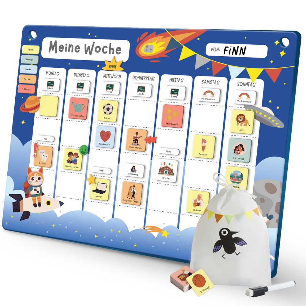 Rabano Art Wochenplaner für Kinder - [200 Magnete - ABWISCHBAR] - ADHS Hilfsmittel, System für Verantwortung und Selbständigkeit, Routine Montessori Magnettafel zur Wochenplanung, 'Weltall'