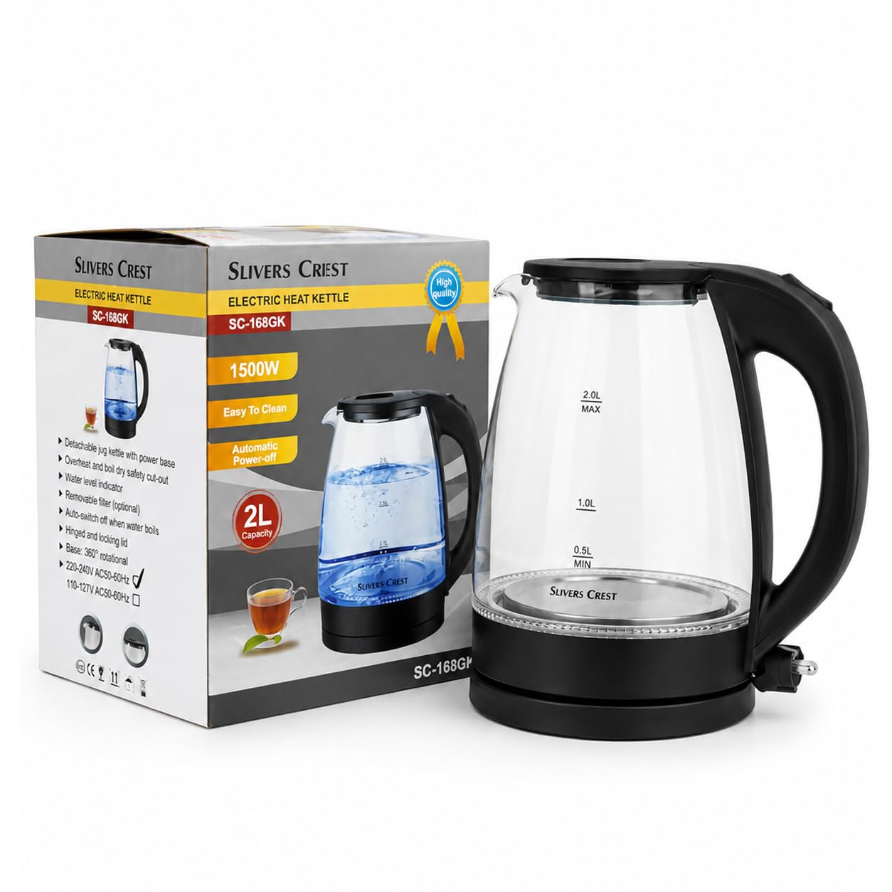 Silvers Crest 2L Electric Glass Kettle with Blue LED Light | 1500W Fast Boiling Tea & Coffee Kettle | Auto Shut-Off & Boil Dry Protection | Premium Borosilicate Glass Water Heater-image-26