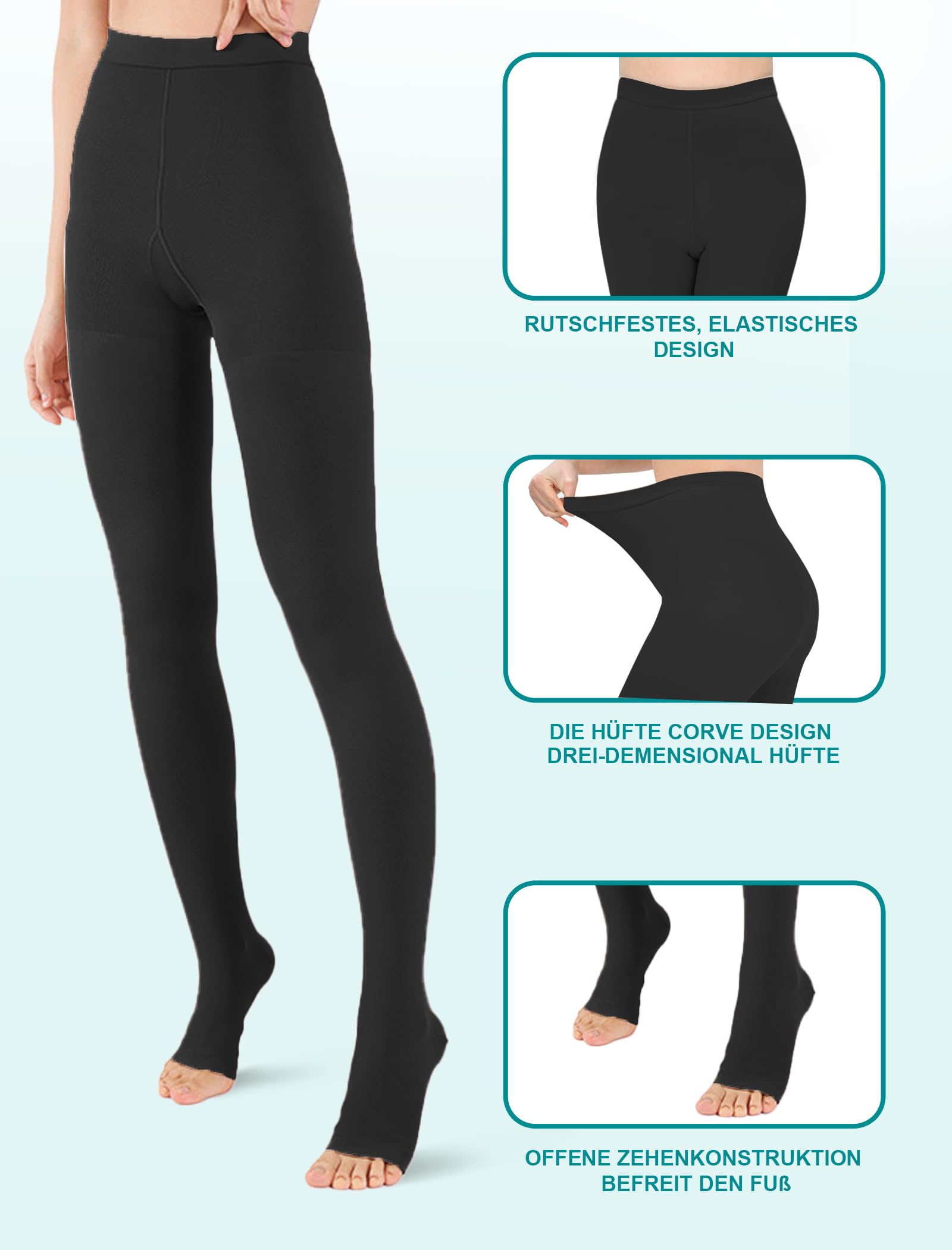 Collants de compression médicaux pour homme et femme - Longueur : 15-20 mmHg - Classe I - Bas de compression gradués - Bout ouvert - Pour la grossesse, les varices, l'œdème, le lipœdème