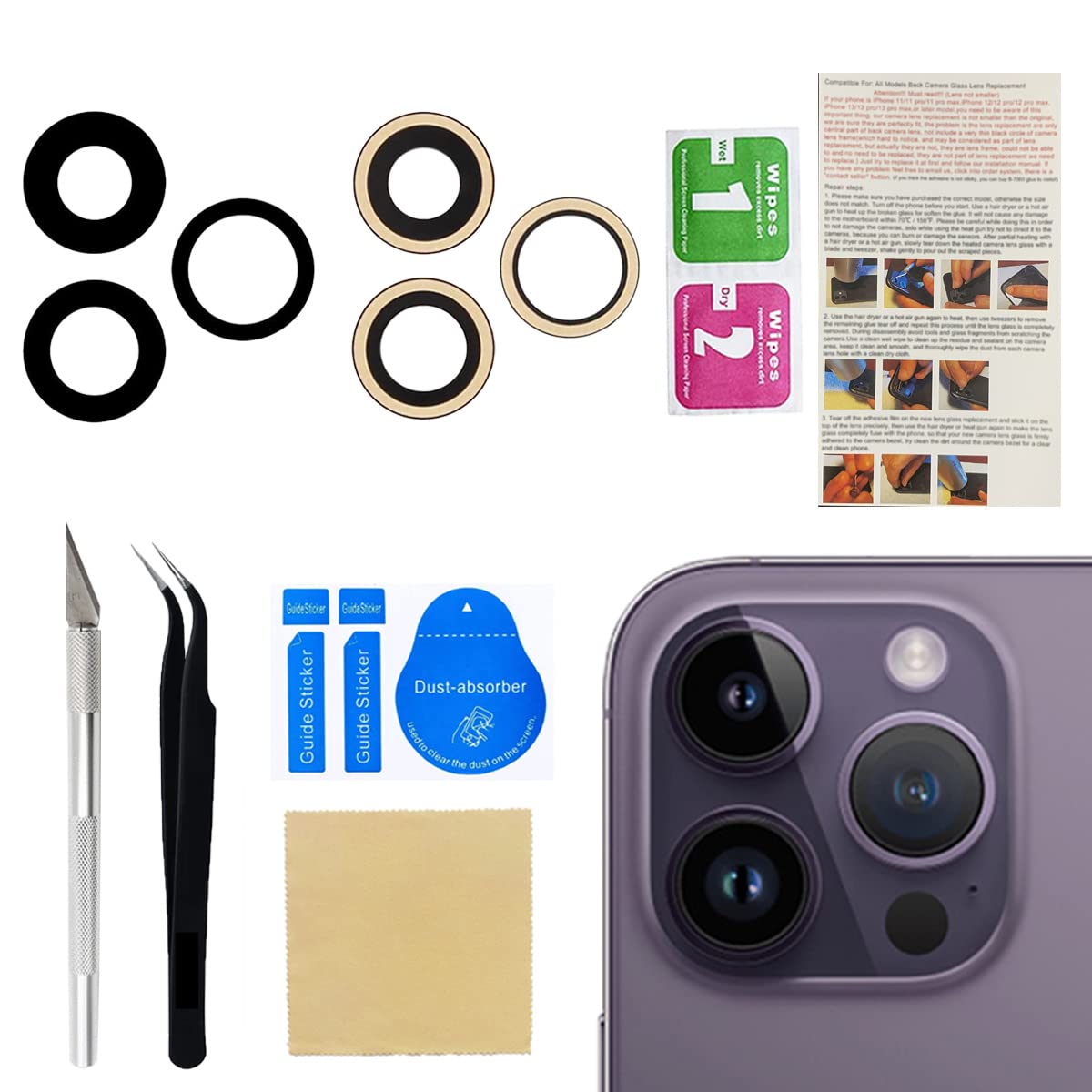 Phoupair Original OEM Back Rear Camera Glass Lens Replacement for iPhone 14 Pro and iPhone 14 Pro Max with Adhesive Preinstalled Includes Repair Tools Set