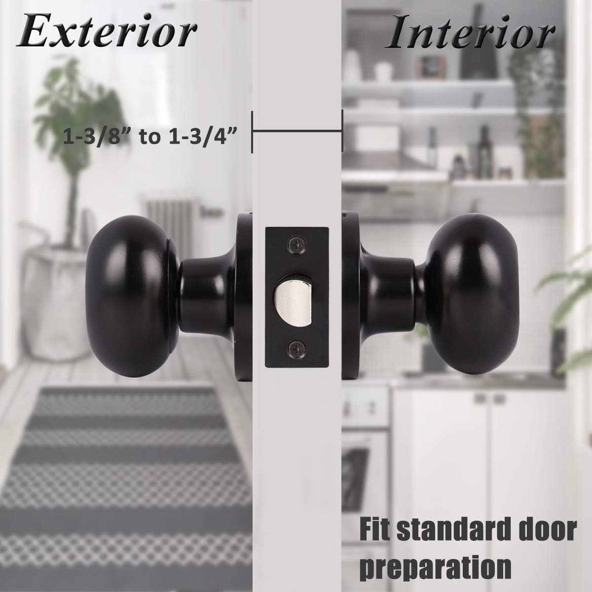 Probrico Passage Door Knobs Handles Interior Hall/Closet Keyless Egg Style Locksets, Oval Door Knob in Flat Black Finish 6 Pack