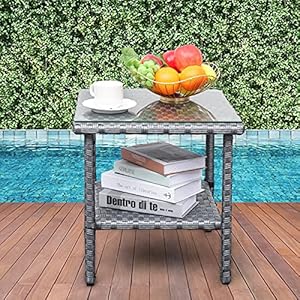 Outdoor PE Wicker Side Table - Patio Rattan Garden Coffee End Square Table with Glass Top Furniture, Grey Outdoor PE Wicker Side Table Patio Rattan Garden Coffee End Square Table with Glass Top Furniture Grey