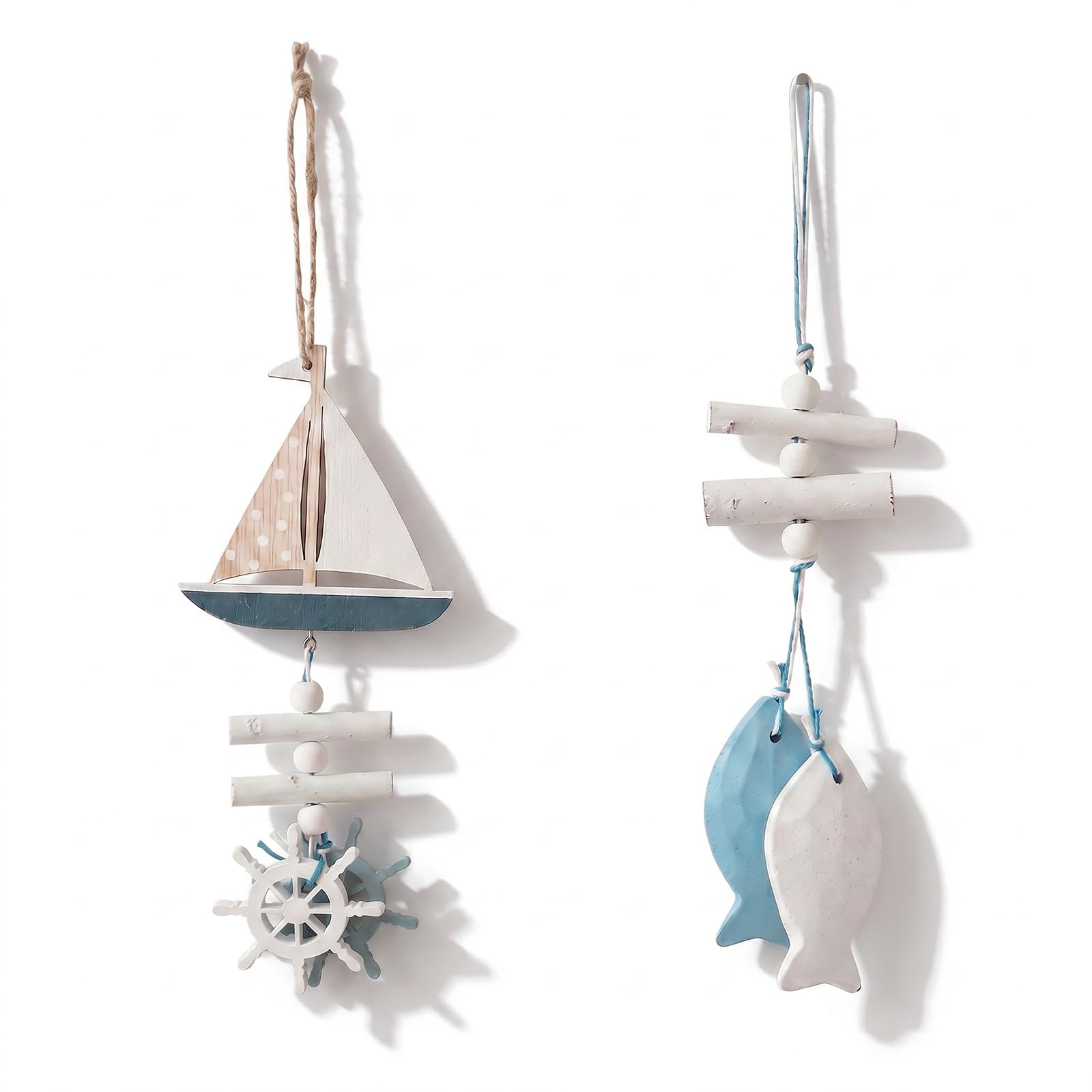 MHYMX Nautical Decor, 2 Pcs Nautical Bathroom Accessories Wood Coastal Room Decor Fish Wall Ornaments Sailboat Decoration Hanging Seaside Ornaments for Bedroom Living Room Indoor Outdoor