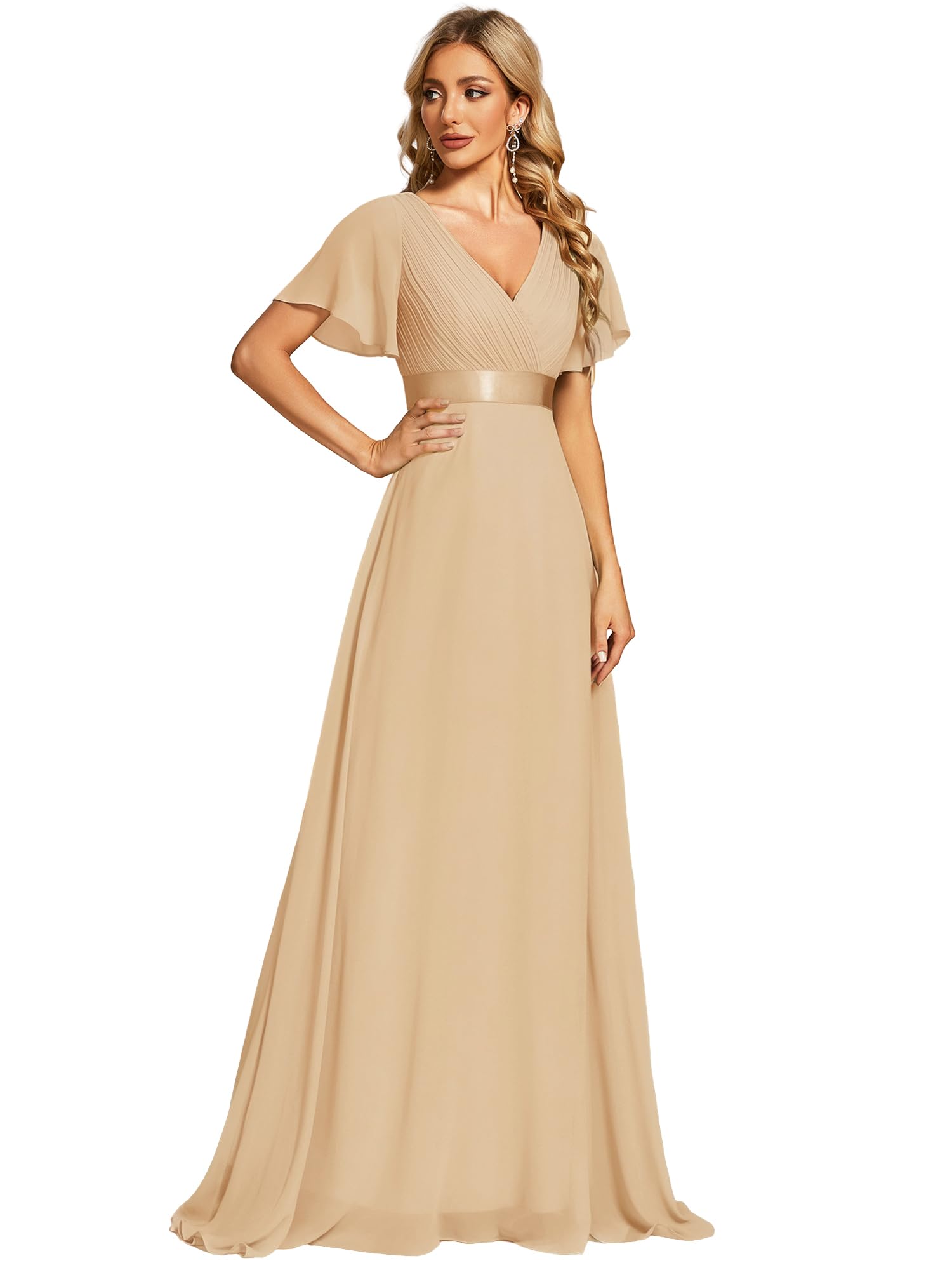 Women's Double V-Neck Short Flutter Sleeves Empire Waist Elegant Chiffon Long Evening Dresses 9890