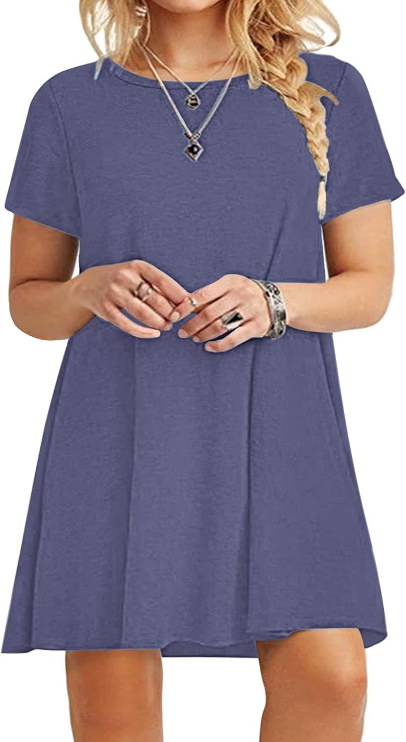 KARALIN Women's Short Sleeve Casual Plain Loose Plus Size T-Shirt Dress(26W,Purple Grey)