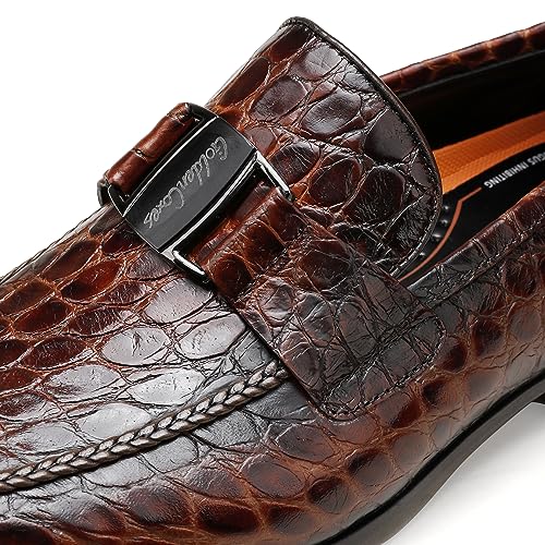 Image of Mens Leather Penny Loafers, Classic Crocodile Printed Business Dress Shoes with Metal Buckle Slip on Penny Shoes for Mens