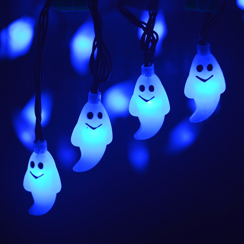 Solar Halloween Decorations String Lights, 30 LED Waterproof Cute Ghost LED Holiday Lights for Outdoor Decor, 8 Modes Steady/Flickering Lights [Light Sensor] 19.7ft Blue