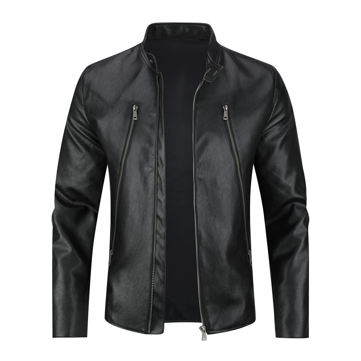 Sliktaa - Chaqueta de piel sintética ecológica de invierno con un cuello alto, de entretiempo, tipo motero, piloto, cremallera, informal, cuero, fresco, clásico, Negro D, XXL