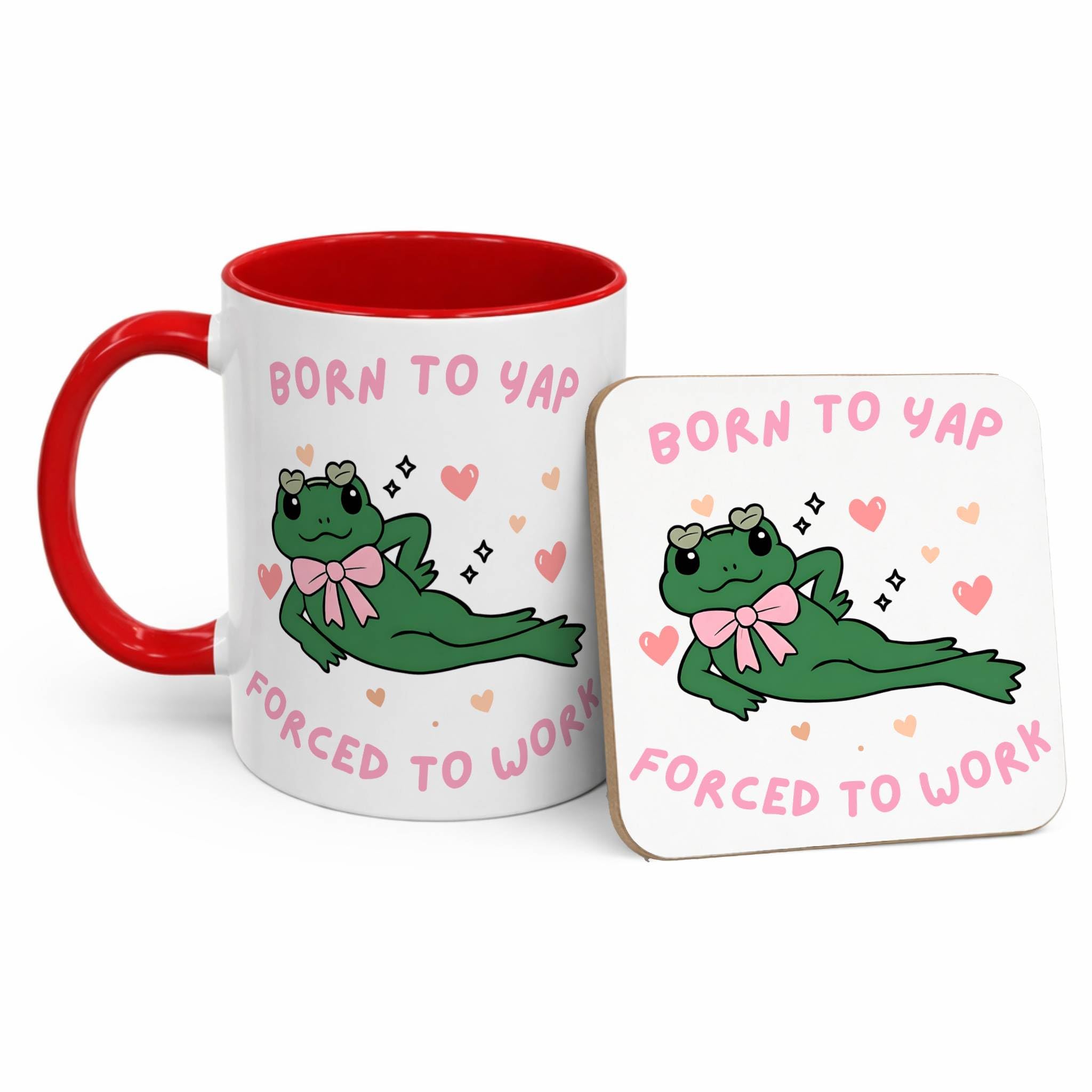 Funny Born to Yap Forced to Work Mug, Frog Meme Coffee Cup, TikTok Viral Mug, Cute Pink Just A Girl Gift, Humour Work Mug for Women, Coworker Office Gift (11oz Red, Mug & Coaster Set)