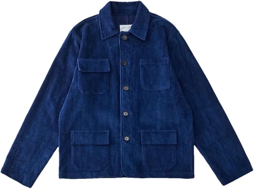 Men's Cotton Indigo Dyed French Workwear Jacket Winter Japanese Vintage Corduroy Utility