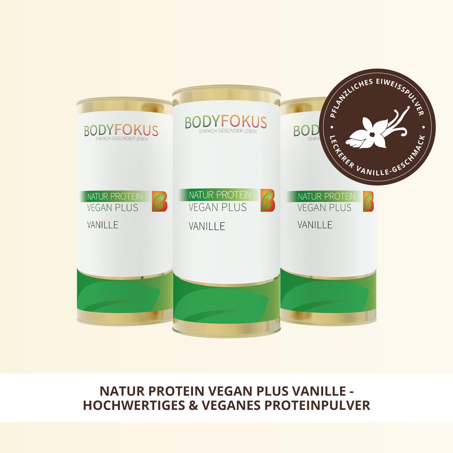 BodyFokus Natur Protein Vegan Plus | Veganes Proteinpulver - hochwertige & rein pflanzliche Eiweißquellen - leckerer Vanillegeschmack - 500g - in Deutschland hergestellt
