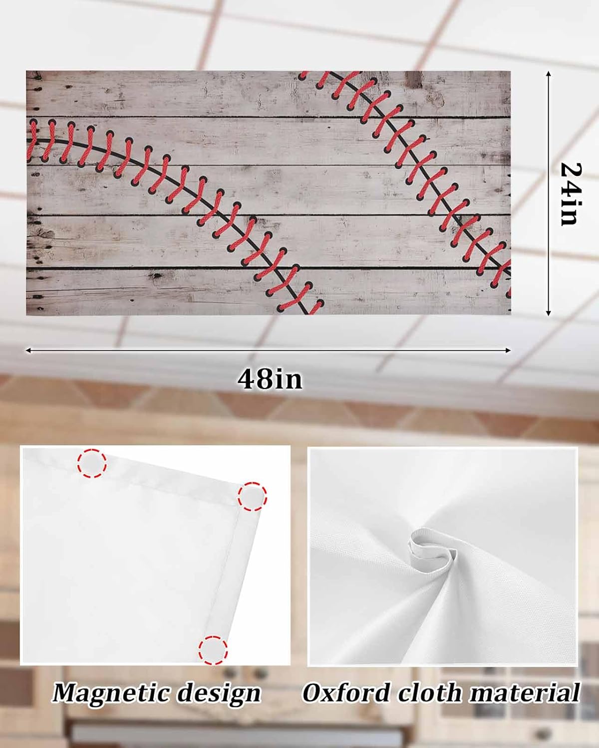 2 Pack Fluorescent Light Cover for Classroom Ceiling Light, American Baseball Magnetic Light Cover Filters, Sport Vintage Retro Wood Grain Light Covers for Office Home Drop Lamp Ceiling Decor 4x2 ft
