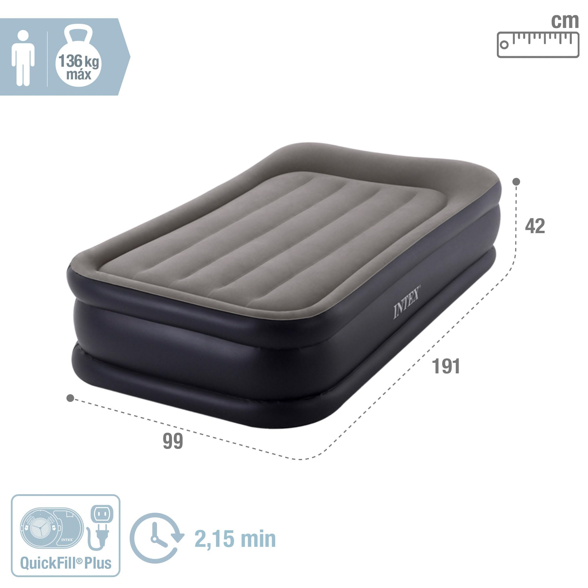 Intex 64132ND - Materasso Dura-Beam Pillow Rest Deluxe Singolo, Bicolore, con Pompa Elettrica Incorporata, 99x191x42 cm