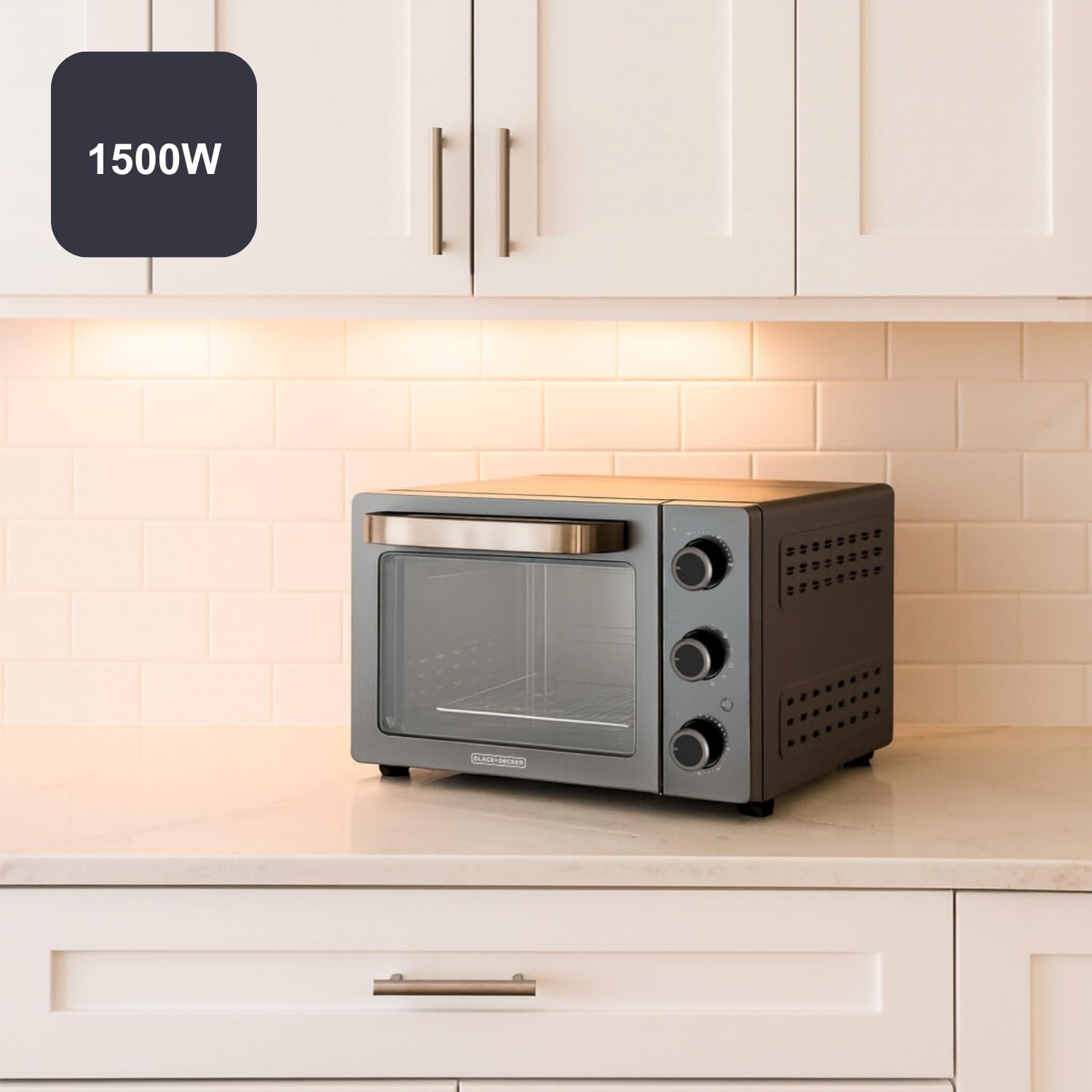Black+Decker – Horno de sobremesa eléctrico BXOV3000E | 1500W | 30L | Grill | Superior | Convección | Timer 90 min | STAY ON | Doble cristal | Luz interior | Bandeja recogemigas | Rustidor