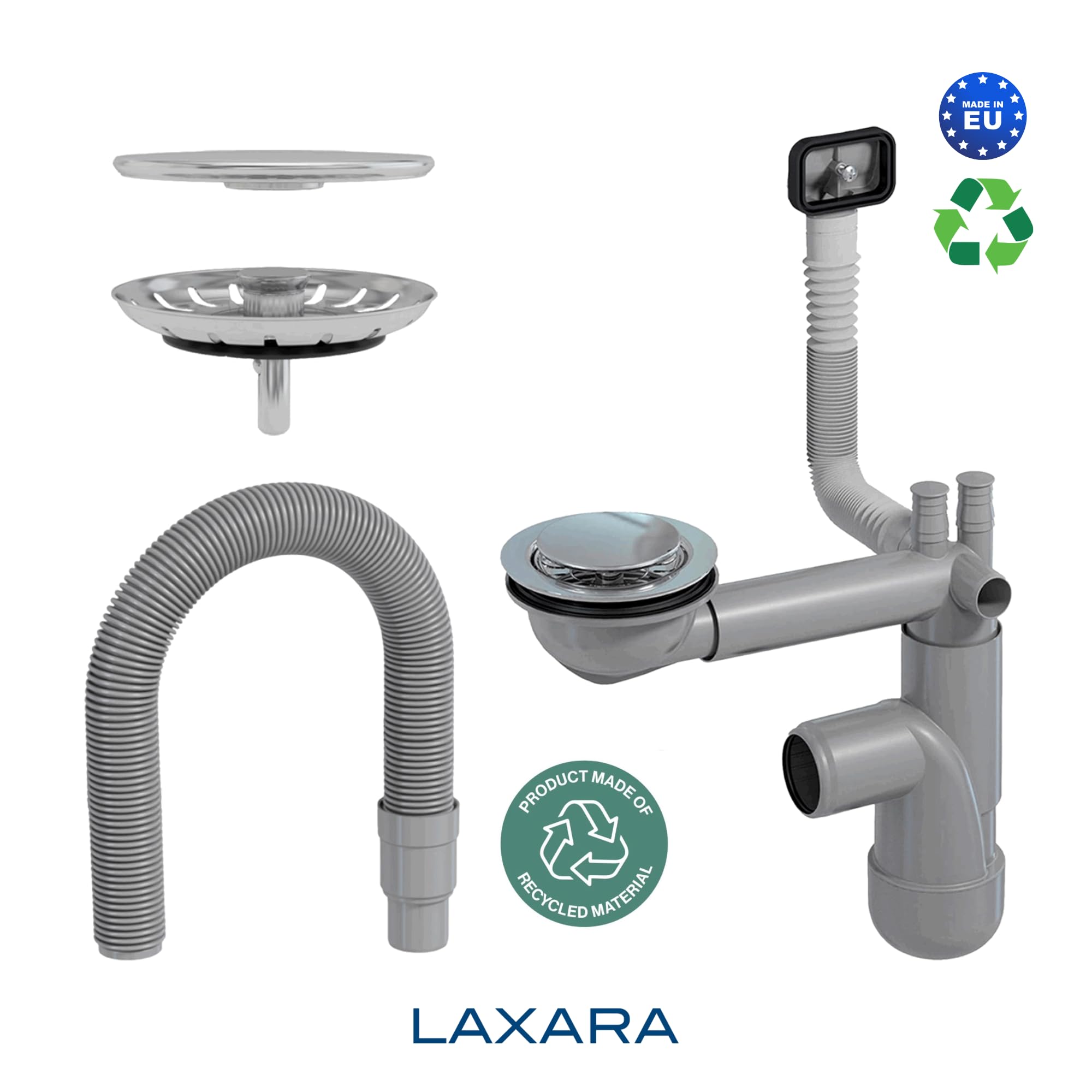 Flexlok Sifone telescopico per lavelli da cucina a risparmio di spazio / Lavelli | Flessibilità universale con plastica riciclata | Cestello filtrante con copertura magnetica inclusa | (Flexlok