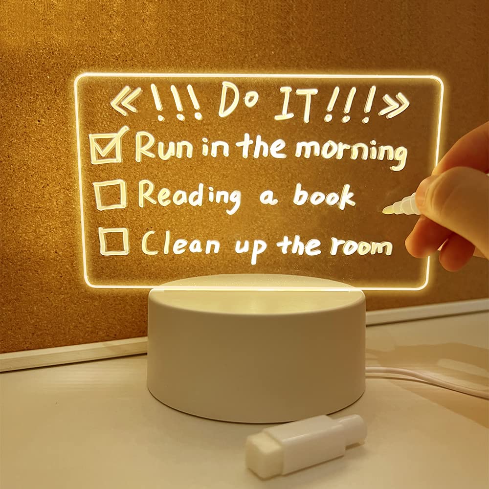 Acrylic Night Light Message Writing Board Notepad with Marker Pen Home Bedroom Creative Memo Writing Plate Table Lamp for Kids (B)