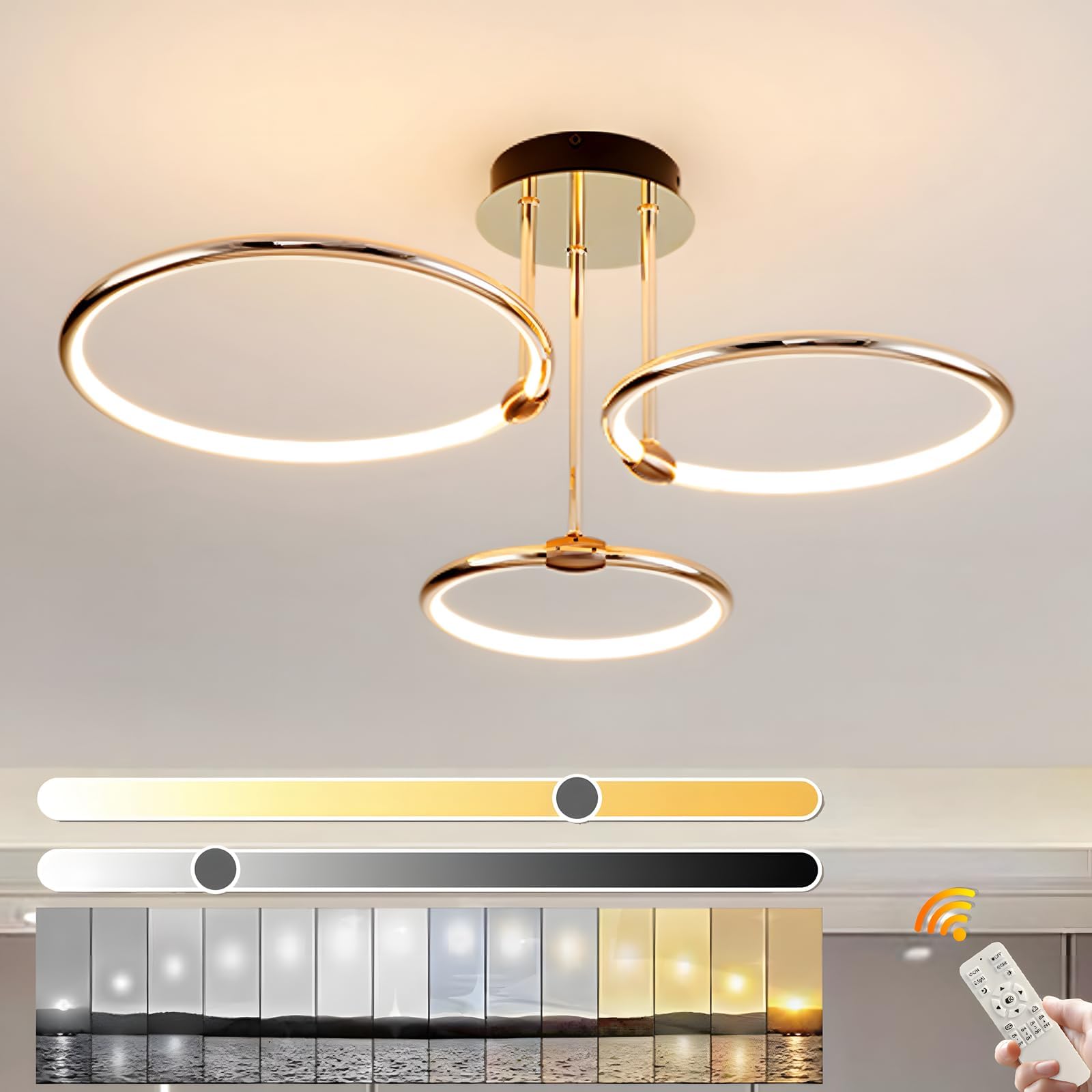 LED Deckenleuchte, Ø56cm Goldener Metallkreis Kronleuchter, 60W Stufenlos Dimmbar 3000–6000K Moderner Runder Galvanisierter Anhänger Schlafzimmer Wohnzimmer Kinder Büro Arbeitszimmer (3 Ringe)