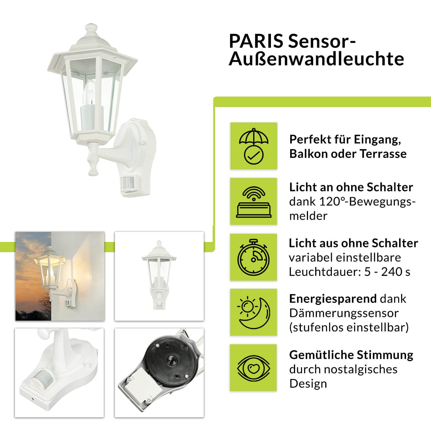 Licht-Erlebnisse RUSTICO PARETE LUCE PER ESTERNI Paris con sensore di Movimento in BIANCO-GRIGIO/sensore regolabile / E27 IP44 230V / lampada parete lampada per esterni Illuminazione Attacco